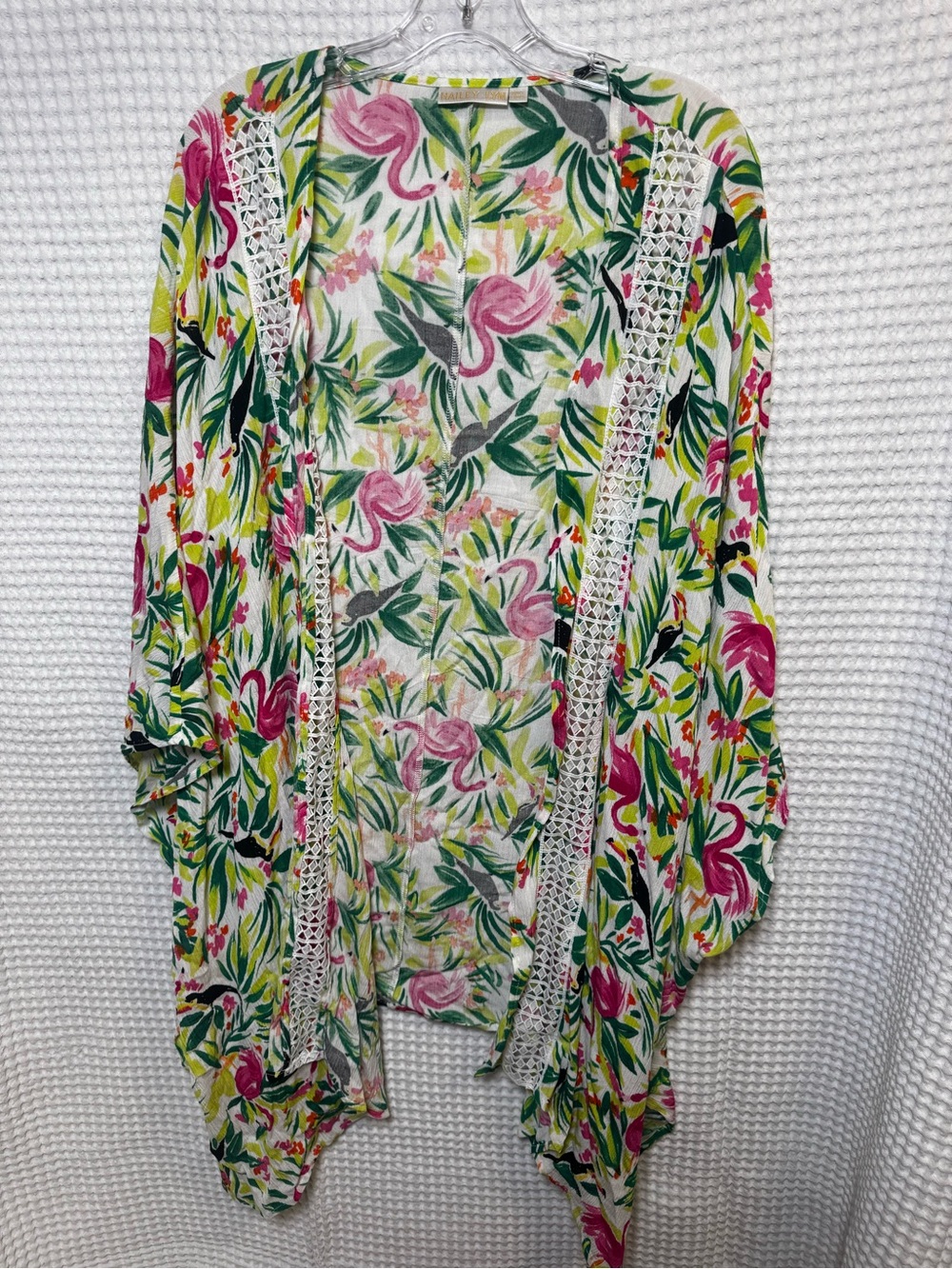 Hailey Lyn Flamingo Floral Pink & Green Open-Front Kimono Cardigan- One Size